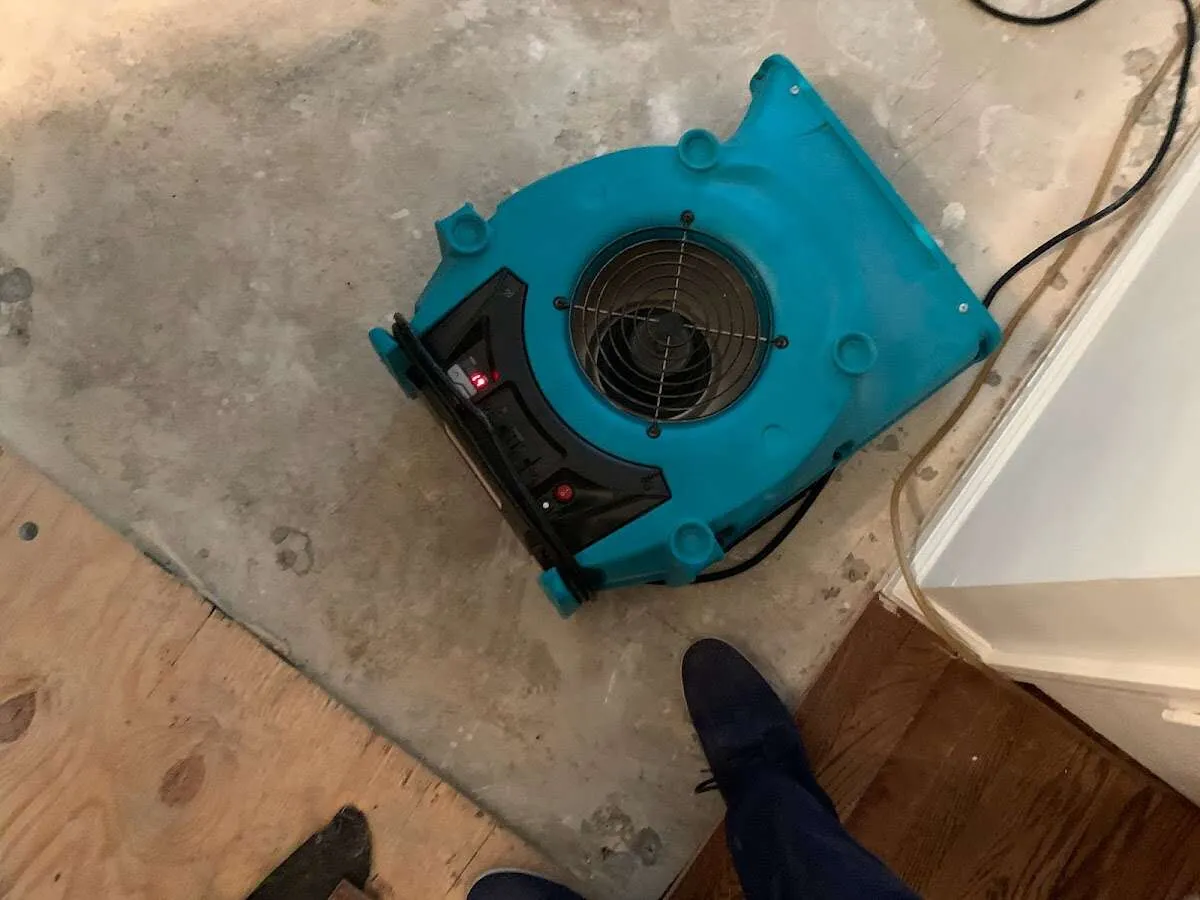 Air mover drying subfloor during Leak Detection & Repair in Brandermill
